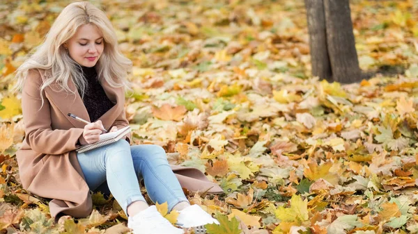 Writing Letter Romantic Woman Autumn Inspiration Smiling Lady Sitting Leaves — Stock Photo, Image