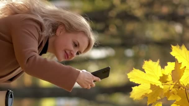 Vertikales Video Herbstschönheit Glückliche Frau Handyfoto Lächelnde Dame Herbstpark Schießt — Stockvideo