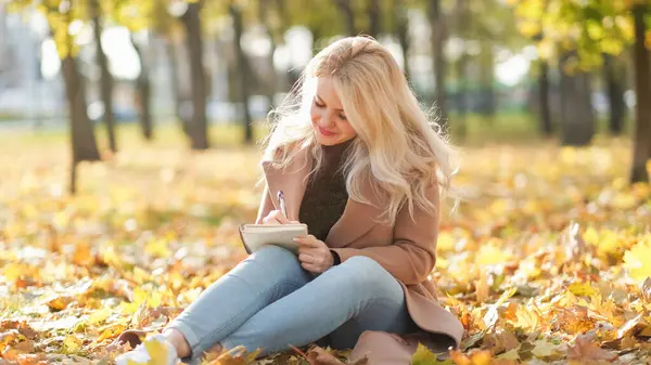 Beautiful Fall Romantic Woman Keep Memories Smiling Lady Sitting Leaves — Stock Photo, Image
