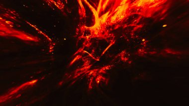 Kıvılcımlar. Enerji akışı. Hipnotik çözünmüş turuncu altın parıldayan parlak sıvı mürekkep siyah boya sıvısına yayılıyor soyut sanat eserlerine..