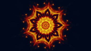 Parlayan mandala. Ateş çiçeği. Yanan fraktal. Kırmızı turuncu altın rengi sıcak alev simetrik süs koyu siyah soyut çizim arkaplanı boş alan.