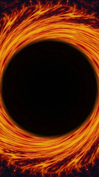 Flame swirl. Round frame. Burning whirl. Blur orange red yellow color glowing vortex circle dark black hole abstract illustration empty space background.