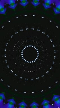 Geleceğe yönelik bir geçmiş. Neon dairesi. Boyut portalı. Mavi yeşil, yuvarlak noktalar desen simetrik geometrik süs koyu siyah fotokopi alanı soyut resimleme.