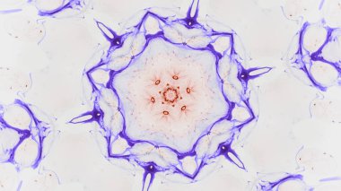 Kaleydoskop boya. Kar tanesi tasarımı. Suyun simetrik geometrik süslemesindeki mavi renkli mürekkep beyaz sanat resimlerinde soyut serbest alan arkaplanı.