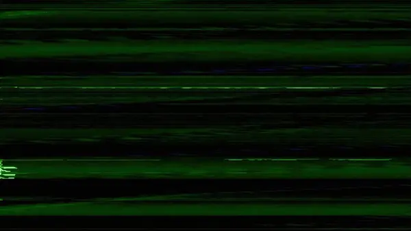 模拟小故障 Vhs噪音 畸变频率 深黑色抽象自由空间图解背景上的绿色蓝色像素线工件纹理 — 图库照片
