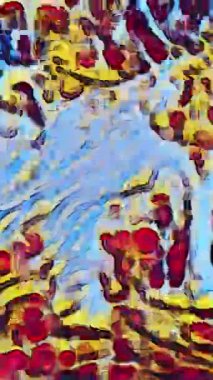 Dikey video. Renkli bir geçmiş. Mikroplar hareket ediyor. Suyun soyut sanat dokusunda çözünmüş mavi kırmızı sıvı parçacıkları kaotik akış.