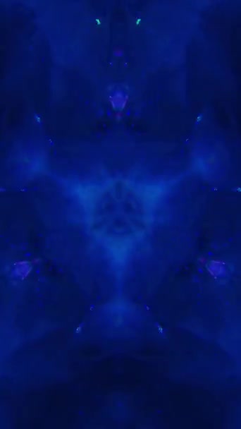 バーティカルビデオ ライトモーション サイバーポータル 未来のケルドスコープ ネオンブルーピンク色対称ピクセル幾何学的装飾的な明るい暗い抽象的な背景の光 — ストック動画