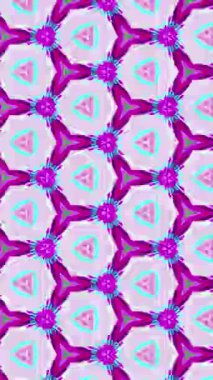 Dikey video. Mozaik desenli renkli bir arka plan. Neon pembe cyan mavi sarı, soyut simetrik tasarım yanıp sönüyor..
