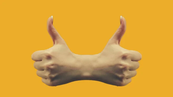 ジェスチャーみたいに 承認サイン ポジティブフィードバック 空のスペースで黄色いイラストの背景に隔離された親指の合意信号を示す鏡面の女性の手 — ストック写真