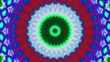 Neon kaleydoskop. Renk çemberi. Kırmızı mor mavi ışık yuvarlak şekil simetrik tasarım soyut çizim arkaplan fotokopi alanı.