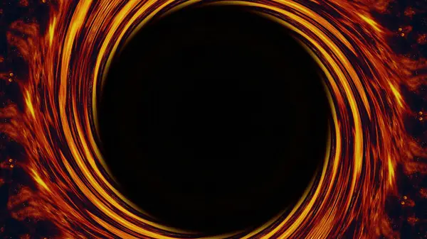 Fire frame. Flame circle. Burn heat. Yellow red orange color glowing round swirl on dark black abstract art illustration empty space background.