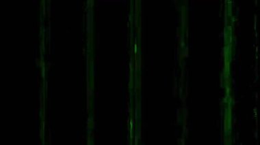 Arıza sesi. Bilgisayar bozulması. Geçiş efekti. Yeşil mavi pikselli tahıl çizgileri koyu siyah soyut boş alan arkaplanı üzerindeki nesneleri gösterir.