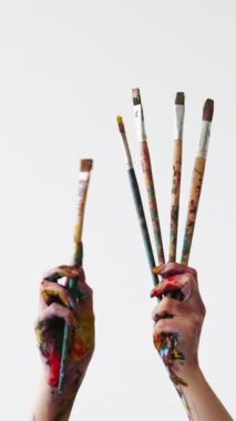 Dikey video. Sanatçı ekipmanı. Boya fırçası. Kadın ressam elleri, beyaz boş arkaplanda izole edilmiş renkli boya fırçaları seti tutuyor..