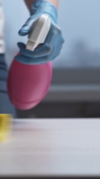 Dikey Video Profesyonel Deterjan Mobilya Temizliği Hademe Eldivenlerini Giyip Evdeki — Stok video