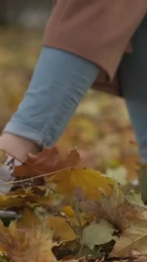 Dikey video. Romantik düşüş. Yürüyen kadın. Doğanın tadını çıkarıyorum. Tanımlanamayan bir kadın parka gidip yere sarı ağaç yaprakları fırlatıyor..