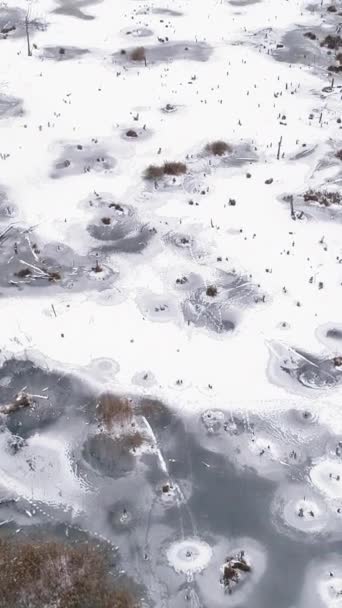 Dikey Video Hava Kış Gölü Buz Zemin Karlı Doğa Manzarası — Stok video