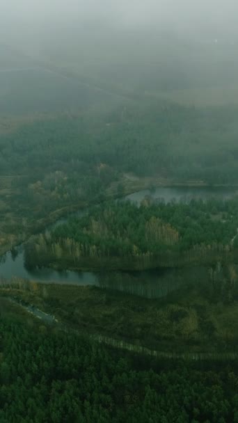 バーティカルビデオ グリーン田舎 ドローン バレー 霧雲の木々と川 早朝の美しい霧の自然の風景 — ストック動画