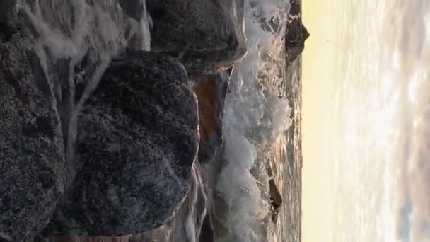 垂直录像 海岸线的背景 日出天际线 海滨的自然 带泡沫飞溅的水波在云彩地平线上的褐色灰色岩石上破碎 — 图库视频影像