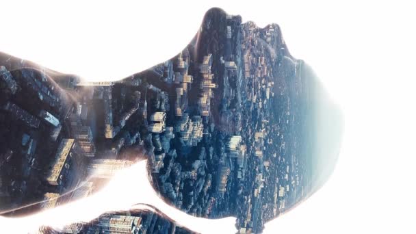 Vídeo Vertical Mente Livre Sonho Cidade Vida Megalopolis Dupla Exposição — Vídeo de Stock