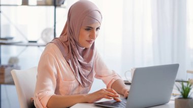 Mesafe çalışması. Serbest çalışan işyeri. İnternette iş buldum. Yoğunlaştırılmış iş kadını araştırması laptopta yazarak ev ofis masasındaki interneti tarıyor..