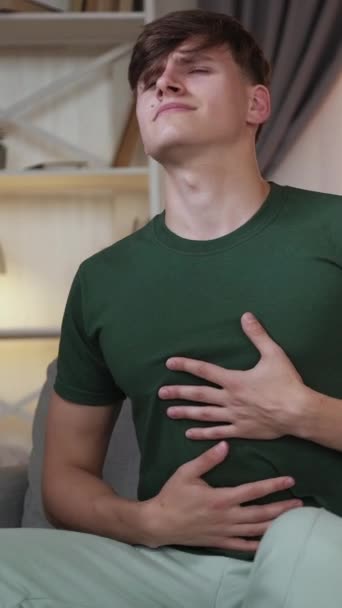 Vertical Video Stomach Pain Indigestion Suffering Unhappy Man Abdomen Problem — Stock Video