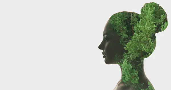 Wewnętrzny Spokój Portret Natury Profil Kobieta Sylwetka Podwójna Ekspozycja Zielone — Zdjęcie stockowe