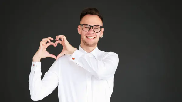 Love Sign Romantic Affection Care Support Cheerful Guy Glasses Showing — Stock Photo, Image