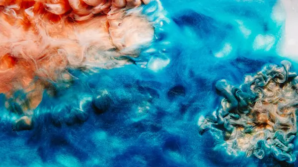 Rozprysk Farby Krople Wody Atramentowej Podwodna Eksplozja Pomarańczowy Niebieski Kolor — Zdjęcie stockowe