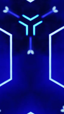 Dikey video. Neon grafik fütüristik kaleydoskop. Floresan çizgileri. Yansıtılmış beyaz mavi renk, koyu soyut arkaplanda parlayan geometrik simetrik süs..
