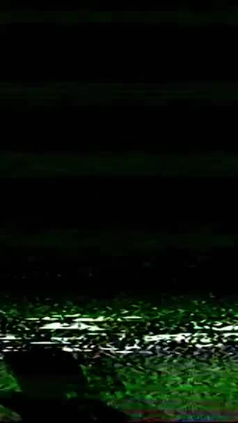 バーティカルビデオ アナログノイズ グリッチ トランジション Vhs リラックス 緑の白い色の斜めのストライプは暗黒の抽象的な自由なスペースの背景の明らかな動きをアーティファクトします — ストック動画