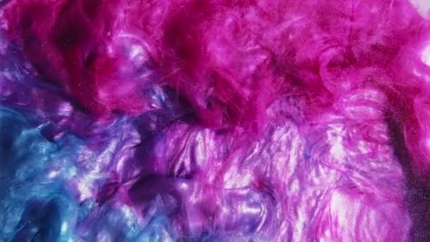 Farbtropfen Wasser Tintenmischung Flüssigkeitsspritzer Helle Magenta Rosa Blau Farbe Glitter — Stockvideo