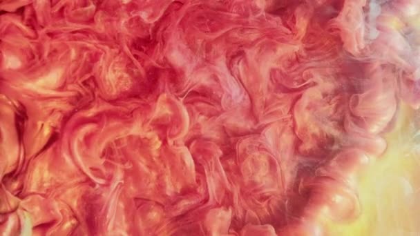 Tintenwasser Spritzt Farbe Rauchwolke Flüssigkeits Explosion Korallen Rot Gelb Glitzern — Stockvideo