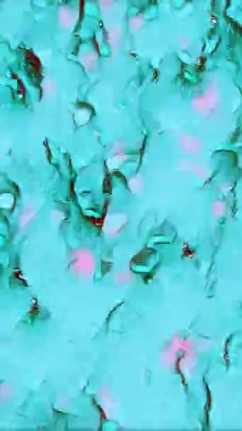 バーティカルビデオ 液体クリスタル バブルリップル シアンブルーピンク色の流動波水滴の混沌とした流れの動き抽象的な質の芸術の背景 — ストック動画
