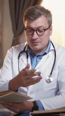 Dikey video. Tıp eğitimi. Çevrimiçi ders. Beyaz üniformalı doktor kitap okuyor. Sanal derste bilgileri anlatıyor. Ofisin içinde oturuyor..