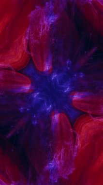 Dikey video. Boya suyu sıçraması. Gerçeküstü fraktal. Aynalı turuncu çiçek yaprakları üzerinde mavi renkli parlak mürekkep akışı hareketi simetrik kaleydoskop tasarımı soyut arkaplan.