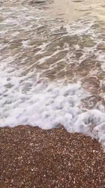 バーティカルビデオ 海岸線の背景 オーシャン ウェーブ サマーバケーション 茶色の砂浜の海洋風景の上に洗浄する白い泡が付いている明確な海水 — ストック動画