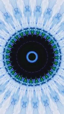 Dikey video. Kaleydoskop geçmişi. Fütürist mandala. Neon mavi renk yuvarlak simetrik soyut süsleme çerçeve siyah boş uzay üzerinde titreşim hareketi parlıyor.