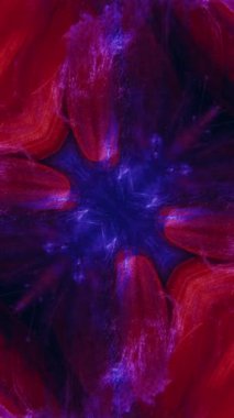 Dikey video. Boya suyu sıçraması. Gerçeküstü fraktal. Aynalı turuncu çiçek yaprakları üzerinde mavi renkli parlak mürekkep akışı hareketi simetrik kaleydoskop tasarımı soyut arkaplan.