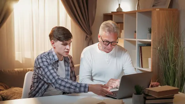 Supportive Son Laptop Lesson Family Education Angry Father Trying Get — Stock Photo, Image