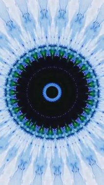 Dikey video. Kaleydoskop geçmişi. Fütürist mandala. Neon mavi renk yuvarlak simetrik soyut süsleme çerçeve siyah boş uzay üzerinde titreşim hareketi parlıyor.