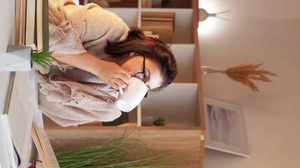 Vertical Video Coffee Break Serene Woman Home Relax Dreamy Female — Stock Video