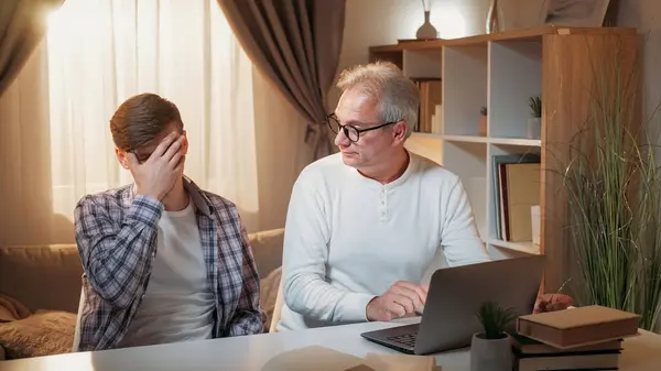 Two Generations Family Quarrel Laptop Problem Embarrassed Son Feeling Epic Stock Picture
