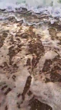 Dikey video. Sahil manzaralı. Deniz kenarı geçmişi. Beyaz köpüklü berrak su dalgası kahverengi kumsalda süzülüyor güzel sahil şeridi doğası.