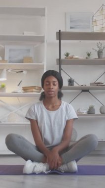 Dikey video. Ev meditasyonu. Kapalı alanda yoga. Stres atmak. Huzurlu, düşünceli, spor kıyafetli kadın. Oturma odasında Lotus pozunda spor minderinin üzerinde soluklanıyor..