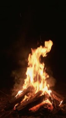 Dikey video. Gece ateşi. Ateş ısısı. Sarı renkli yanan odunlar alevler, kara doğada uçuşan duman kıvılcımları oluşturur..