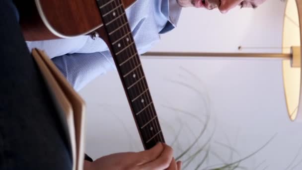 Vertical Video New Melody Inspired Guitarist Composing Hobby Emotional Man — Vídeos de Stock