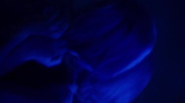 Dikey video. Sahte mutluluk. Bulanık siluet. Duygusal bayan gülüşü ellerini gizler zihin yorgunluğu mavi neon çift pozlama odak dışı.