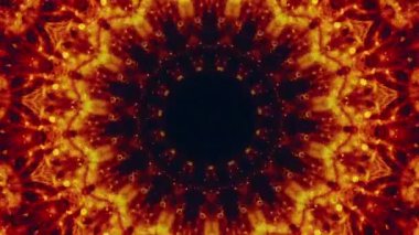 Alev mandala. Kırmızı turuncu ateş parlayan kaleydoskop desenli kıvılcımlar oluşturur dinamik simetrik soyut tasarım soyut arkaplan.