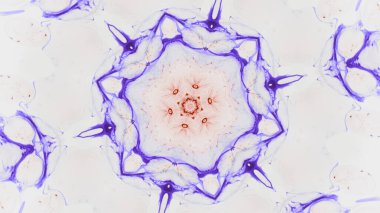 Kaleydoskop deseni, armonik tasarım sanatının soyut arka planındaki pembe çiçek motiflerini karmaşıklaştırır..