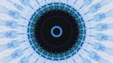 Fütürist mandala. Mavi yeşil parlak etnik süs animasyonu simetrik kaleydoskop soyut sanat arka planı.